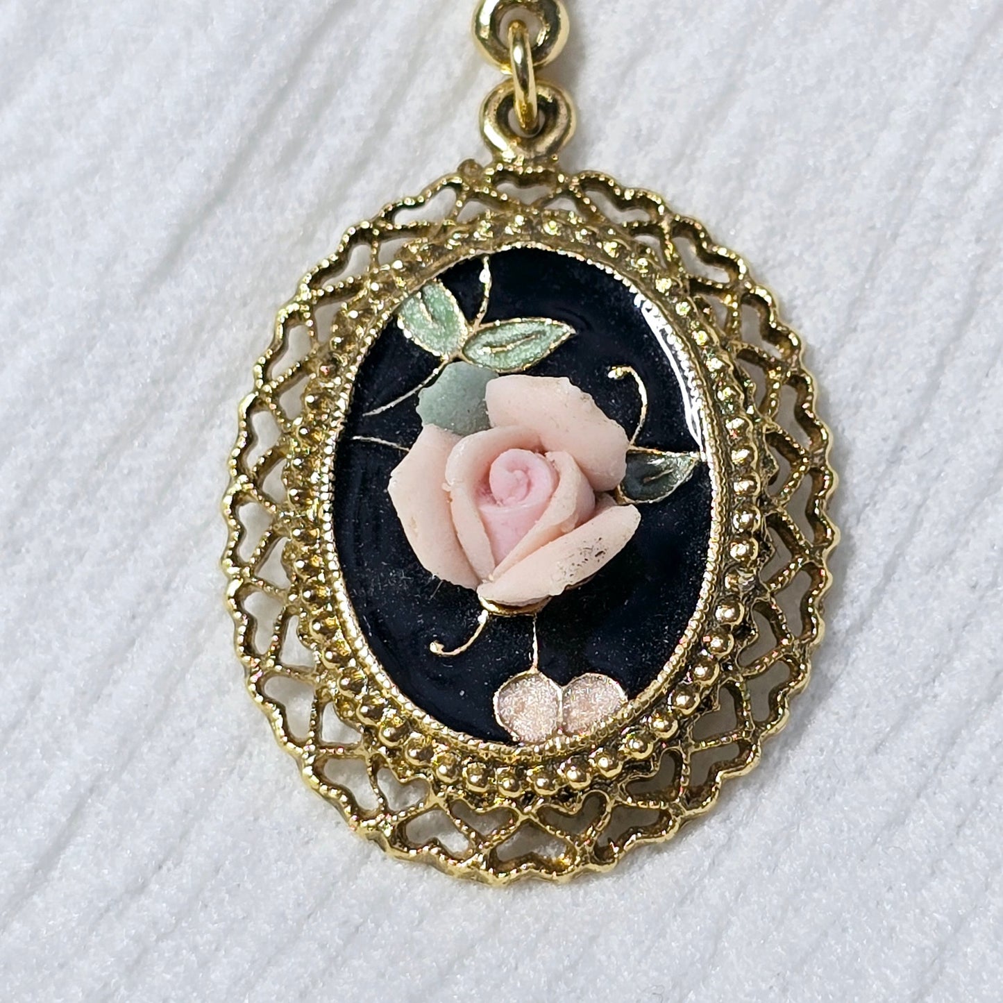 Vintage 1980s Gold Tone Ceramic Rose Faux Pearl Dangle Broch from 1928 Jewelry Company