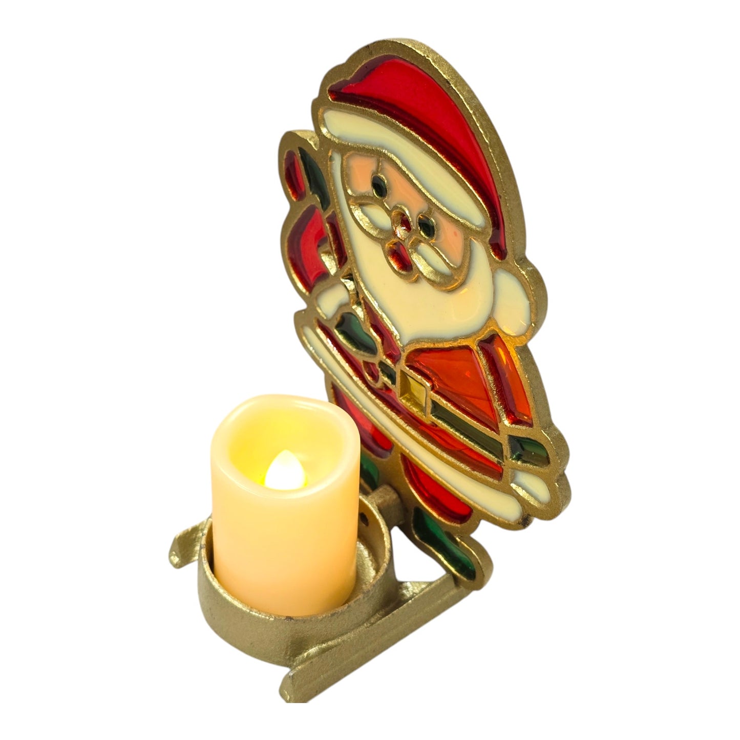 Vintage Stain Glass Tiffany Santa Claus Candle Holder