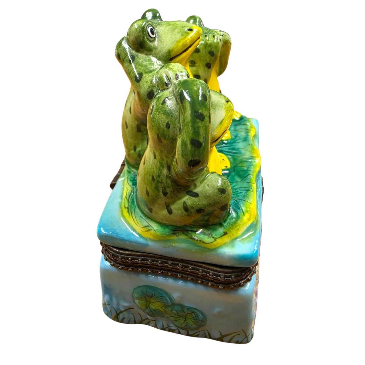 Vintage Three Wise Frogs Ceramic Hinged Trinket Box See Hear Speak No Evil