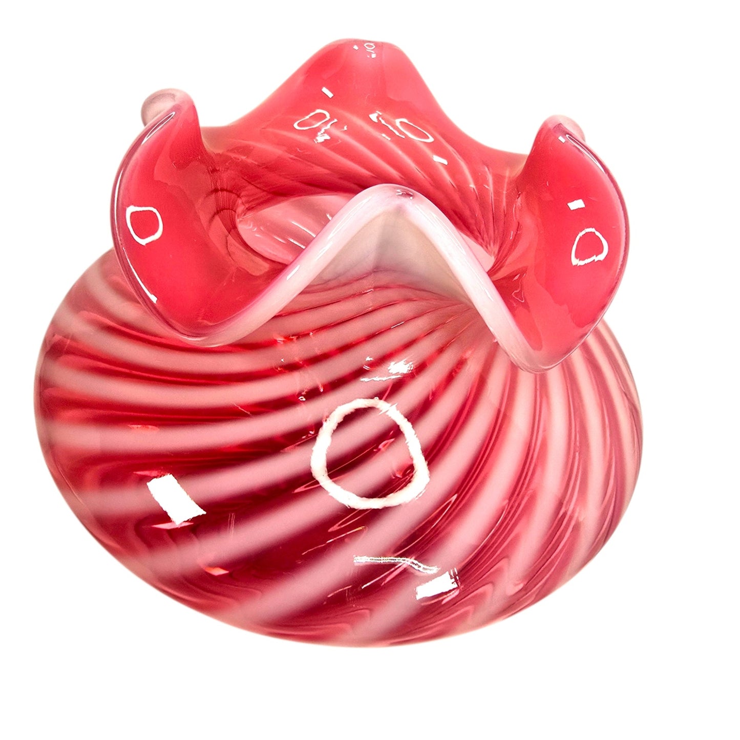 Fenton Cranberry Opalescent Swirl Glass Vase Ruffled Rim Vintage Pink