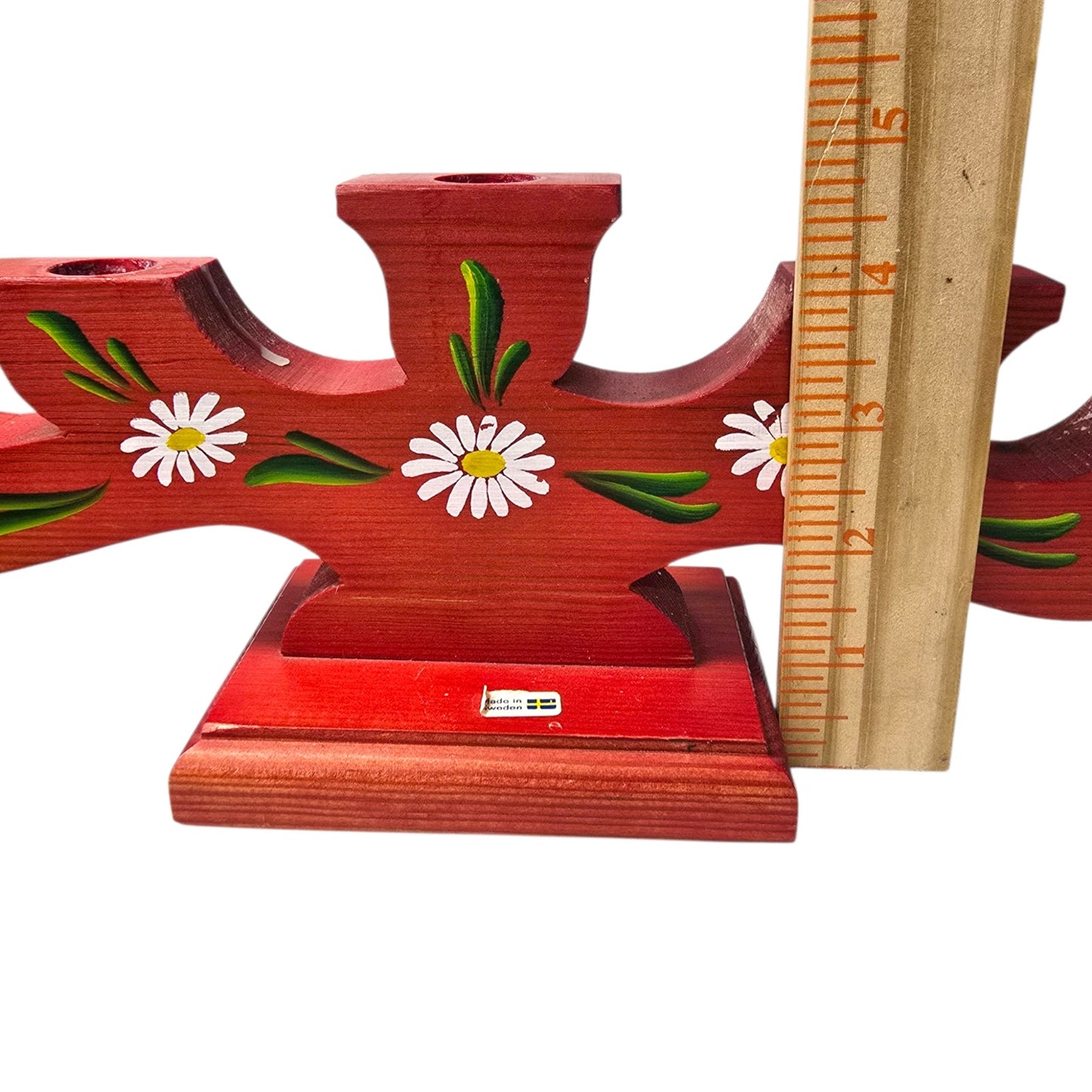 Vintage Sweden Wooden Candelabra Candle Holder Red Floral Hand Painted Folk Art