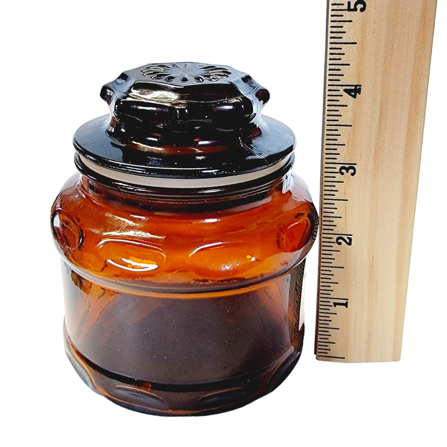 Vintage Dark Amber Brown Glass Apothecary Canister Spice Jar Starburst lid 4.25”