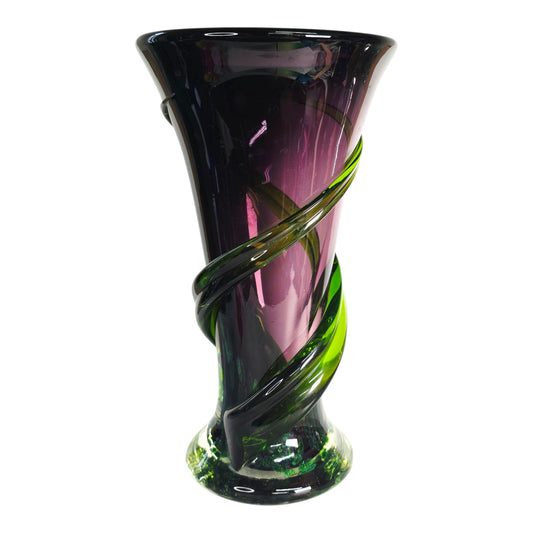 Reserved for Customer: Amethyst Purple Applied Wrapped Green Sparkle Art Nouveau Style Vase