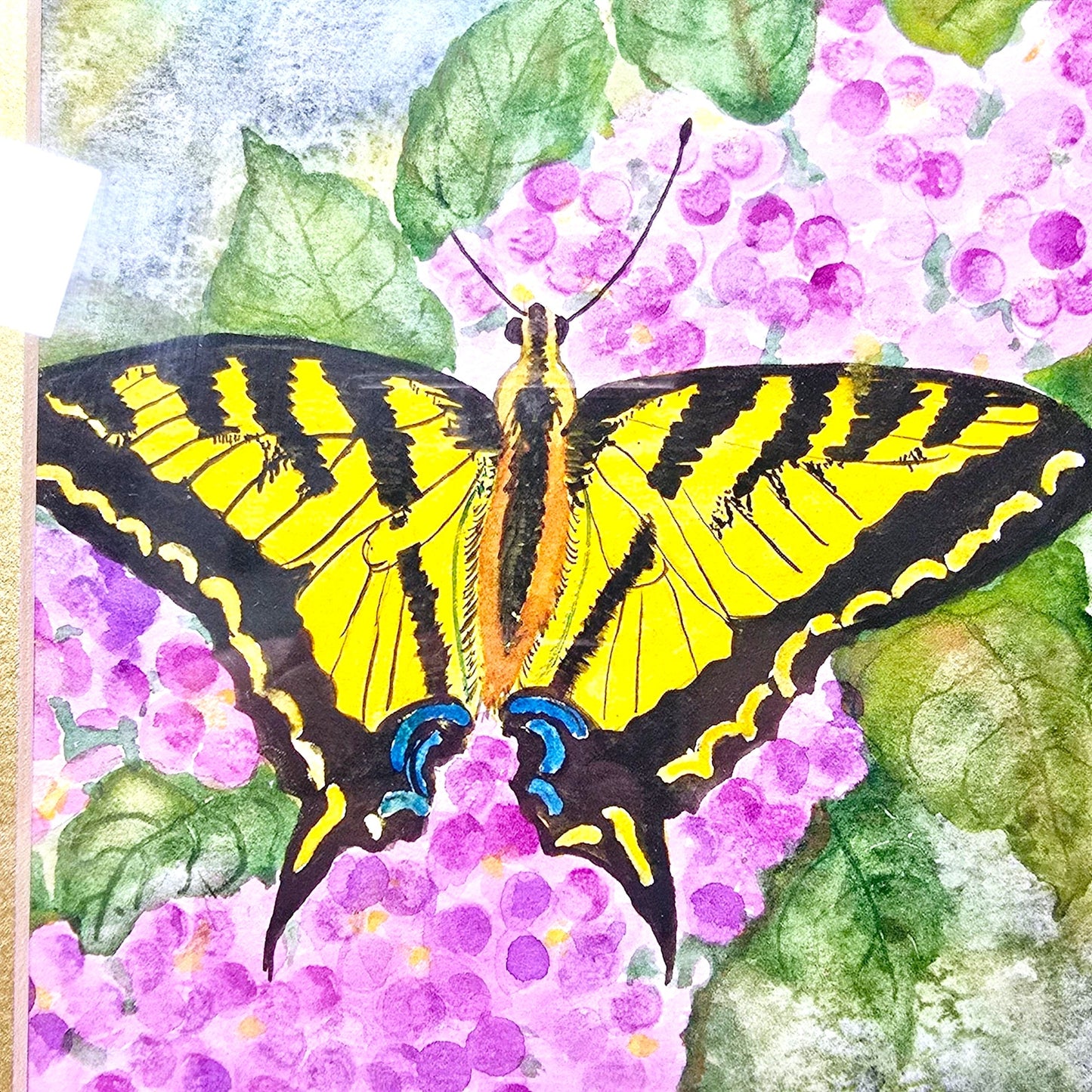 Signed Watercolor Eastern Tiger Swallowtail Butterfly Resting on Purple Lilacs