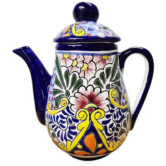 Talavera Teapot Coffee Pot Signed Liceagui Mexico Lead Free Hand-Painted Cobalt