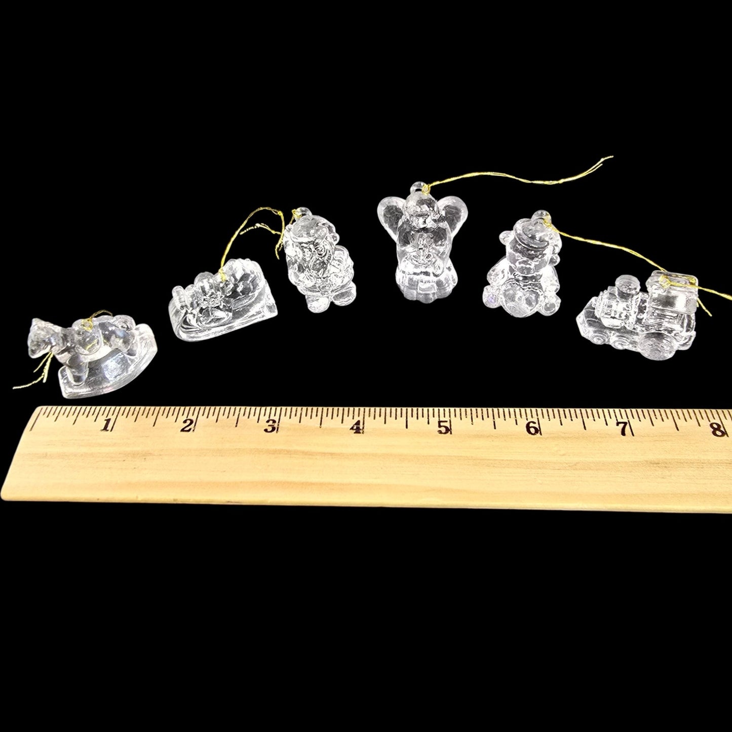 Set of 6  Vintage Miniature Clear Acrylic Christmas Ornaments