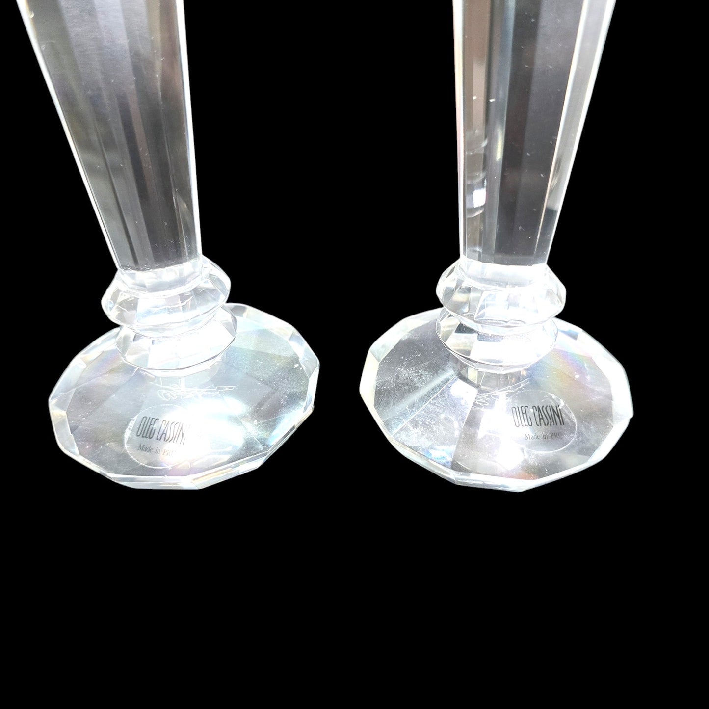 AS IS Oleg Cassini Crystal Pillar Candle Holders,  Set of 2, Small Flaw