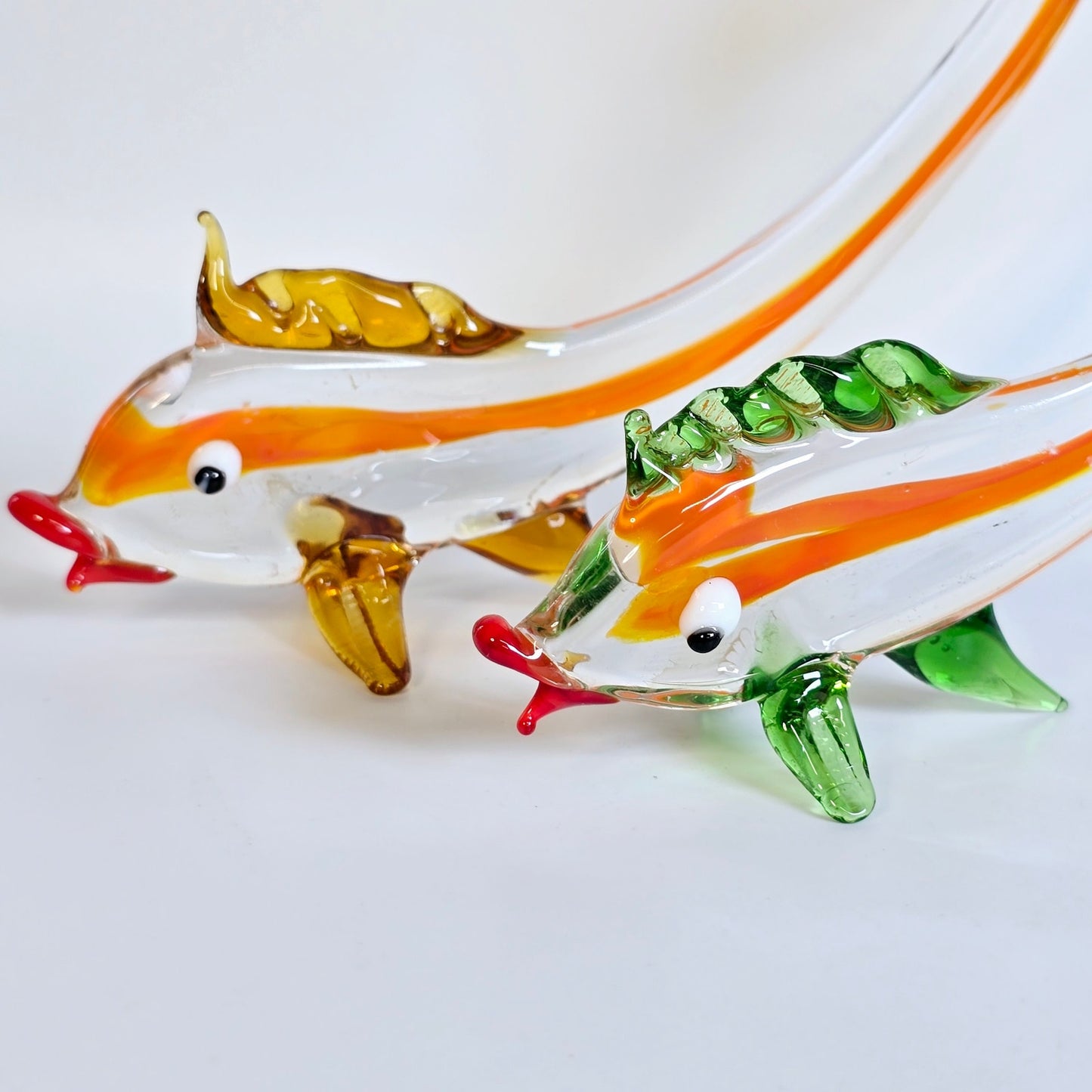 Set of 2 Handblown Art Glass Fish, Orange Stripe, Stretch Glass Fish