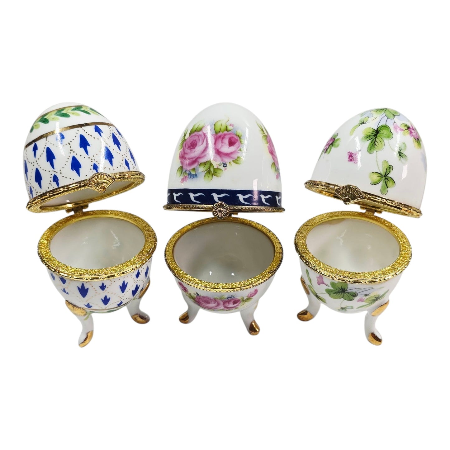 Set of 3 Vintage Porcelain Footed Egg Trinket Boxes Hinged Floral Tripod Base
