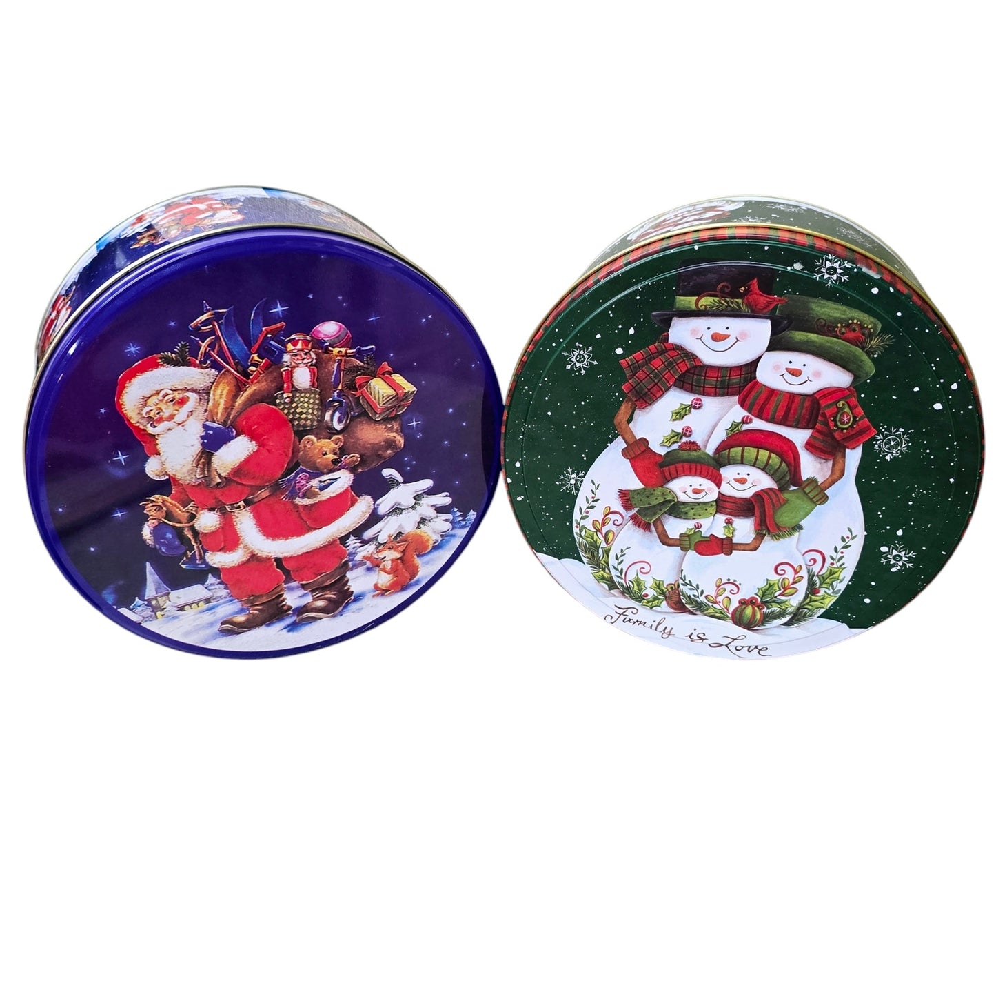 Set of 2 7" Holiday Christmas Tins Snowman Family is Love & Santa As Is Rim Dent