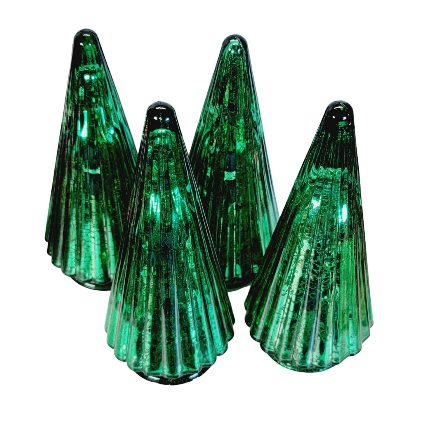 Set of 4 Mercury Glass 8" Light Up Green Christmas Trees, Battery Operated