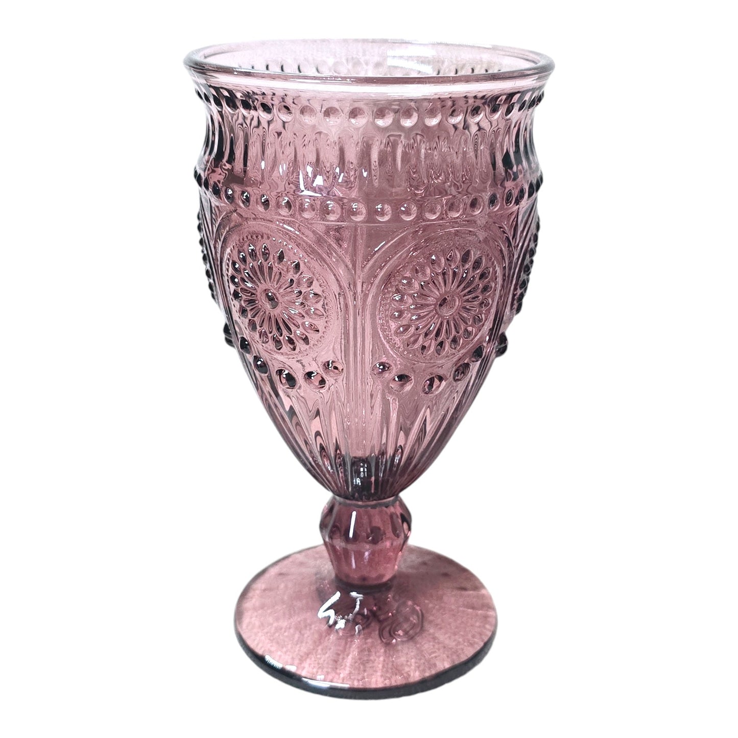 Pioneer Woman Plum Stemmed Glass Lot Raised Pressed Glass Goblet, Water Glass and Dessert Cup