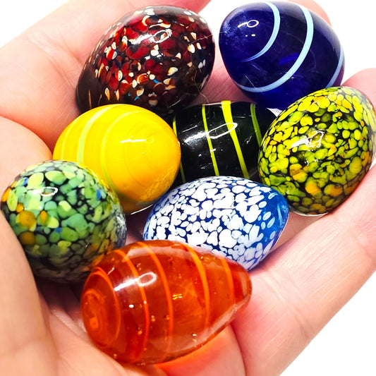 Set of 8 Handblown Art Glass Eggs Colorful Artisan Glass Miniature Eggs w Basket