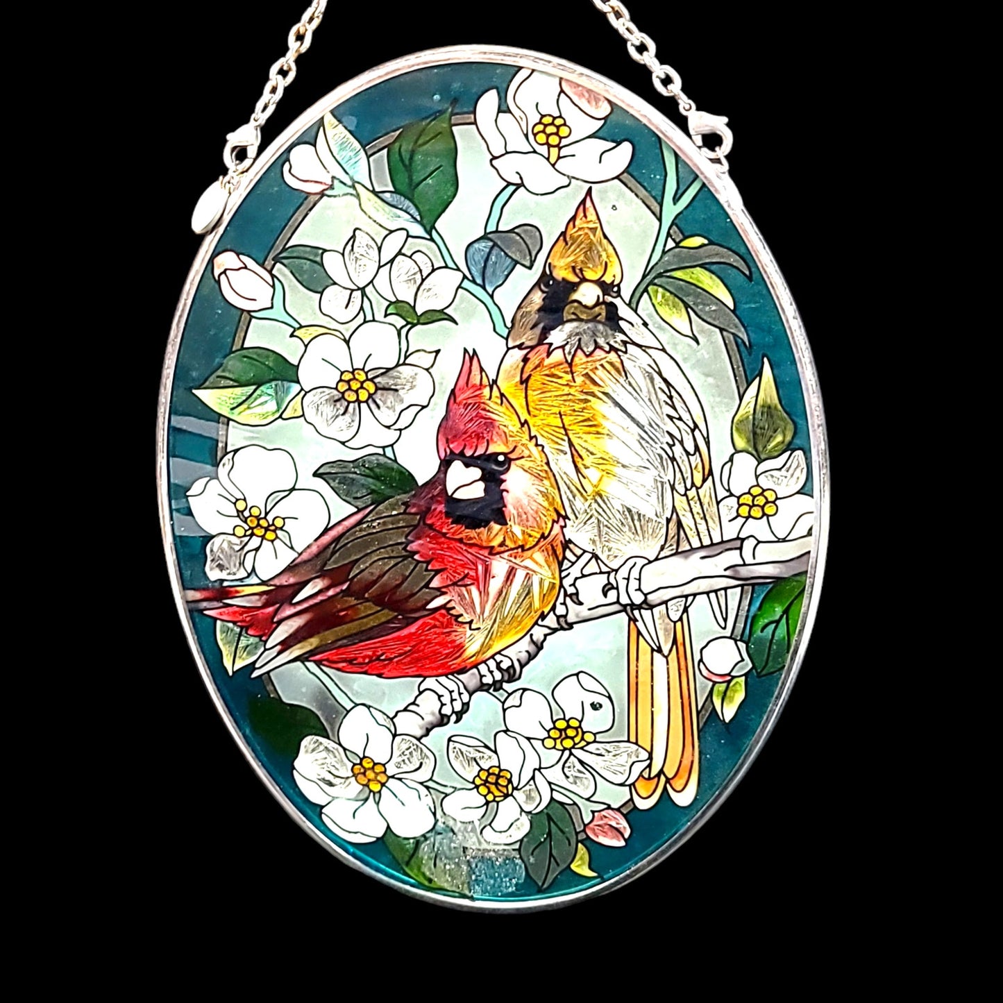 Handpainted Glass SunCatcher with Orchids and Cardinals 7" Oval