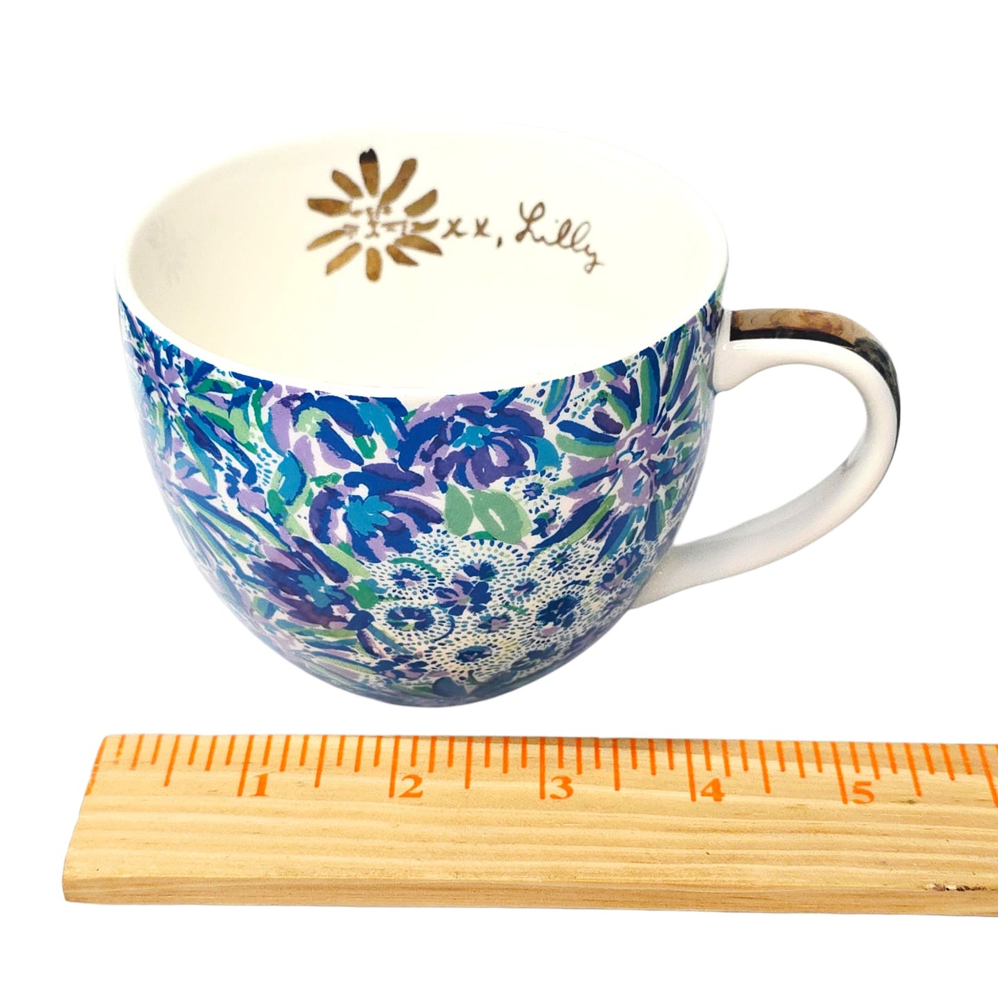 Lilly Pulitzer Coffee Mugs Set Blue Floral Gold Handle XX Lilly Hidden Animal