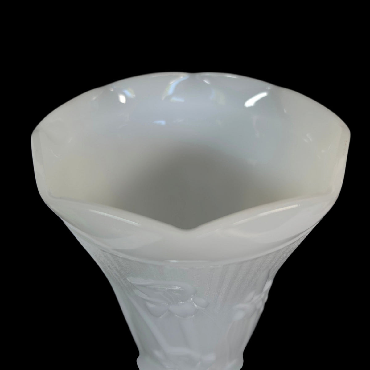 Vintage Jeannette Glass Iris & Herringbone Milk Glass 9” Footed Vase