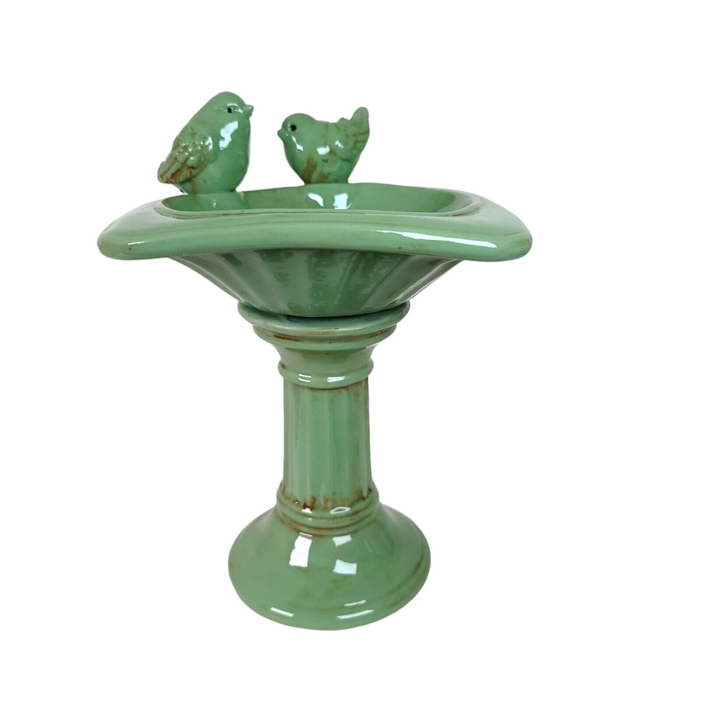 Tabletop Bird Bath Feeder Green Glazed Ceramic with 2 Perched Birds FLAW