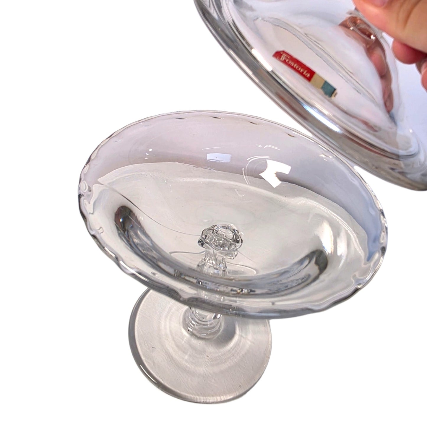 Vintage Fostoria Clear Glass Lidded Pedestal Jar UV Reactive MCM Elegant Glass