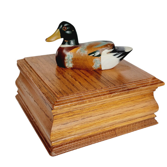 Wooden Trinket Box with Hand-Carved Mallard Duck on Lid, Rustic Decor, Card Box