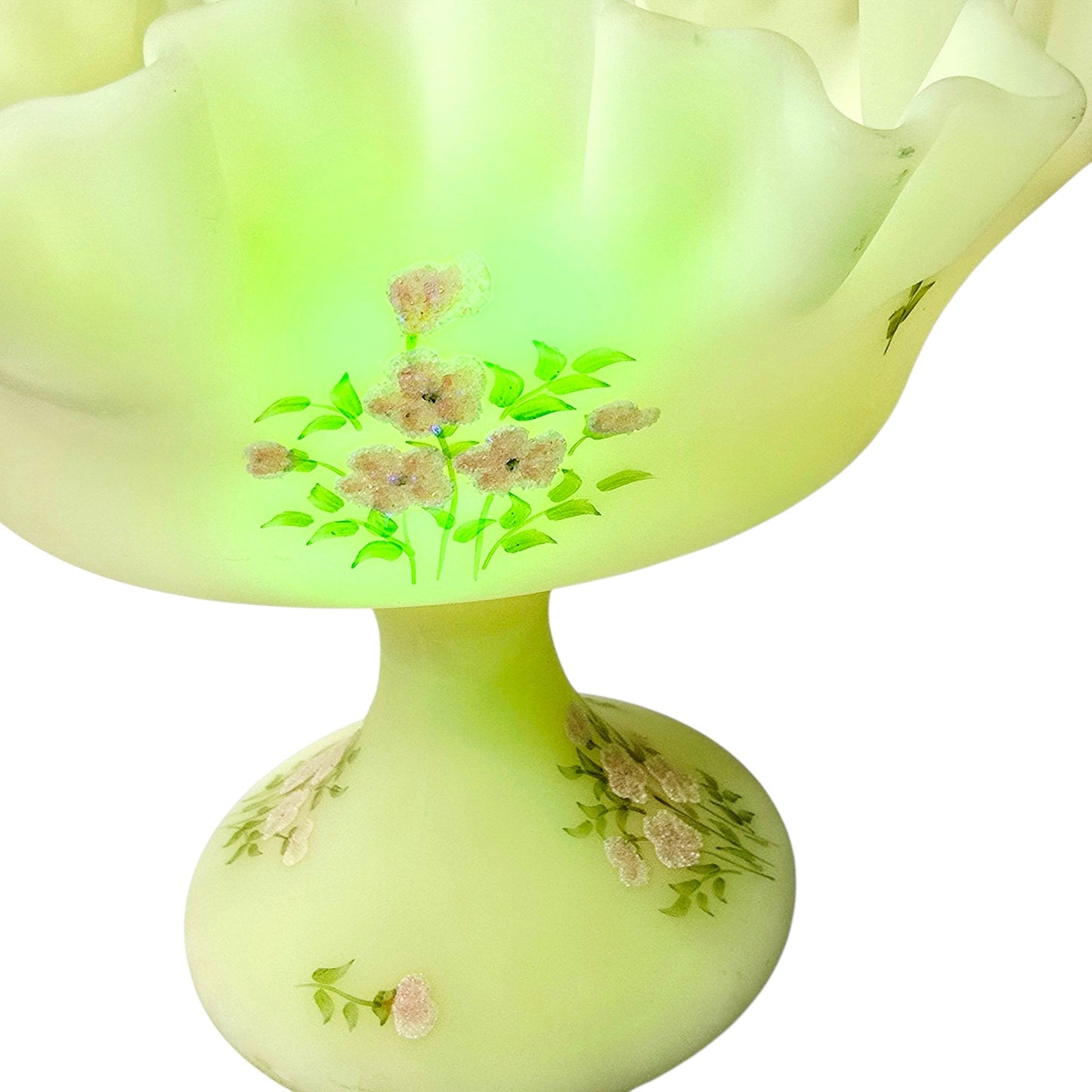 Fenton Custard Uranium Glass Compote Hand Painted Floral Strong Glow Signed