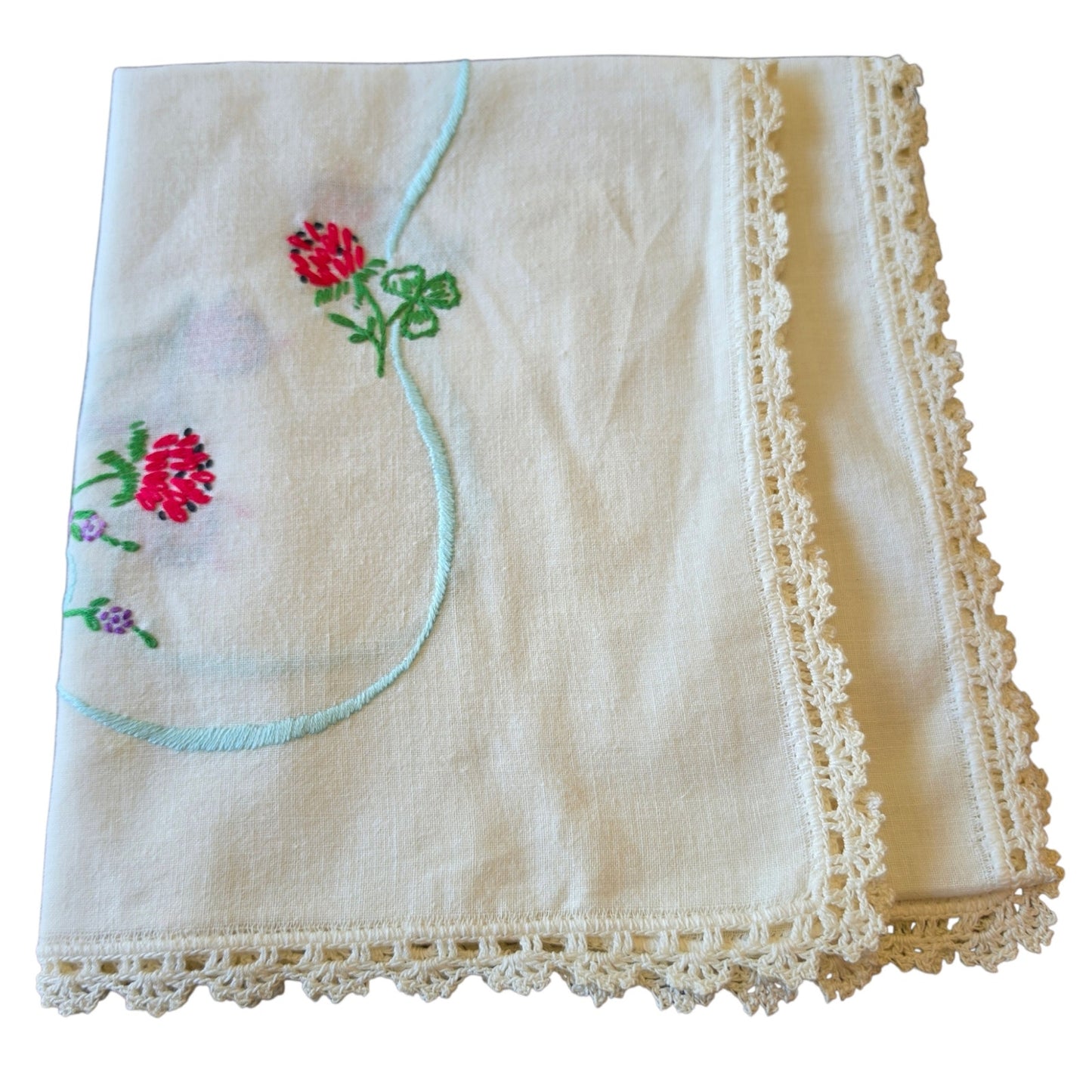 Vintage Berry Blossom Embroidered Linen Table Runner Dresser Scarf Crochet Lace