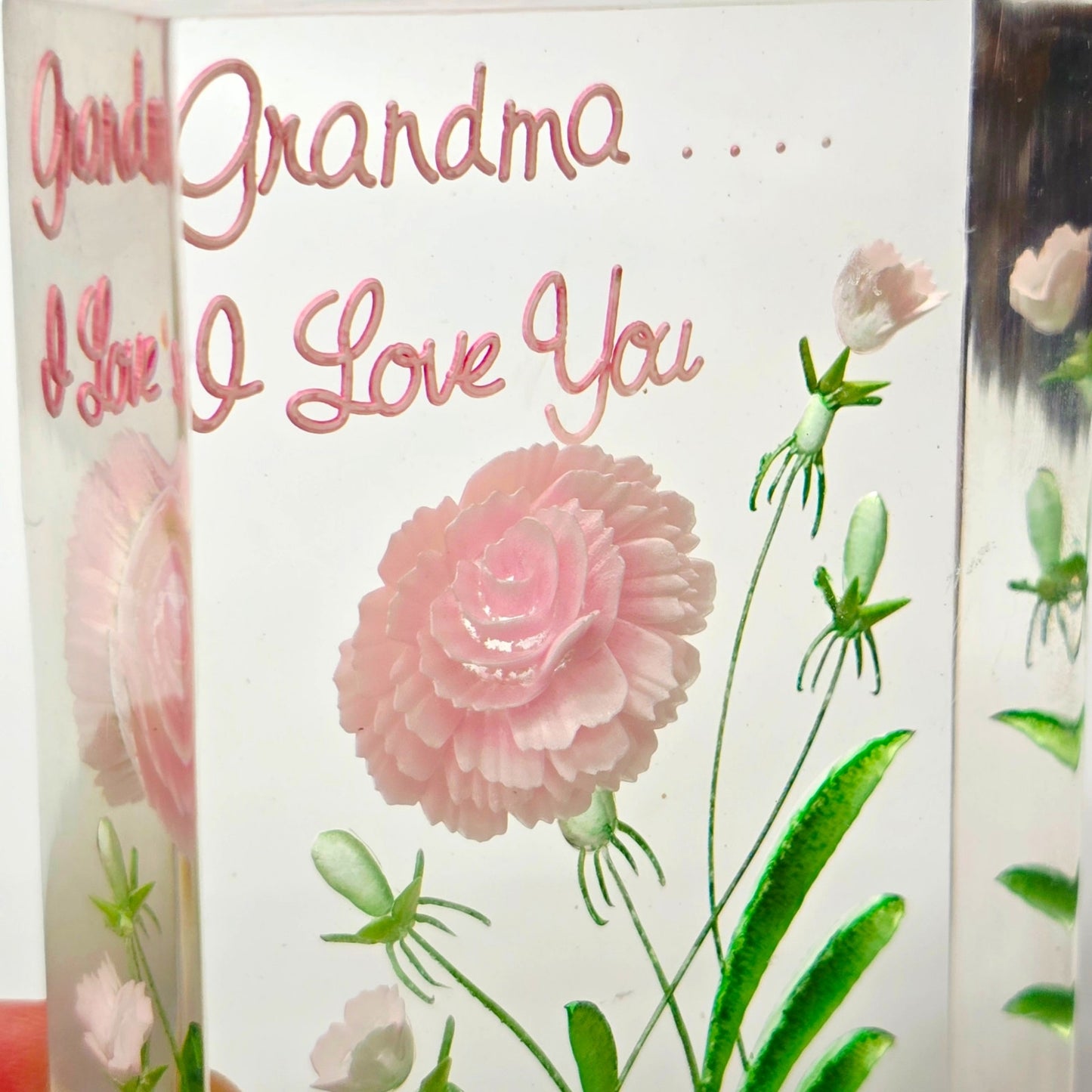 Vintage Lucite Paperweight Pink Carnation Grandma I Love You Flower Acrylic Art nbran