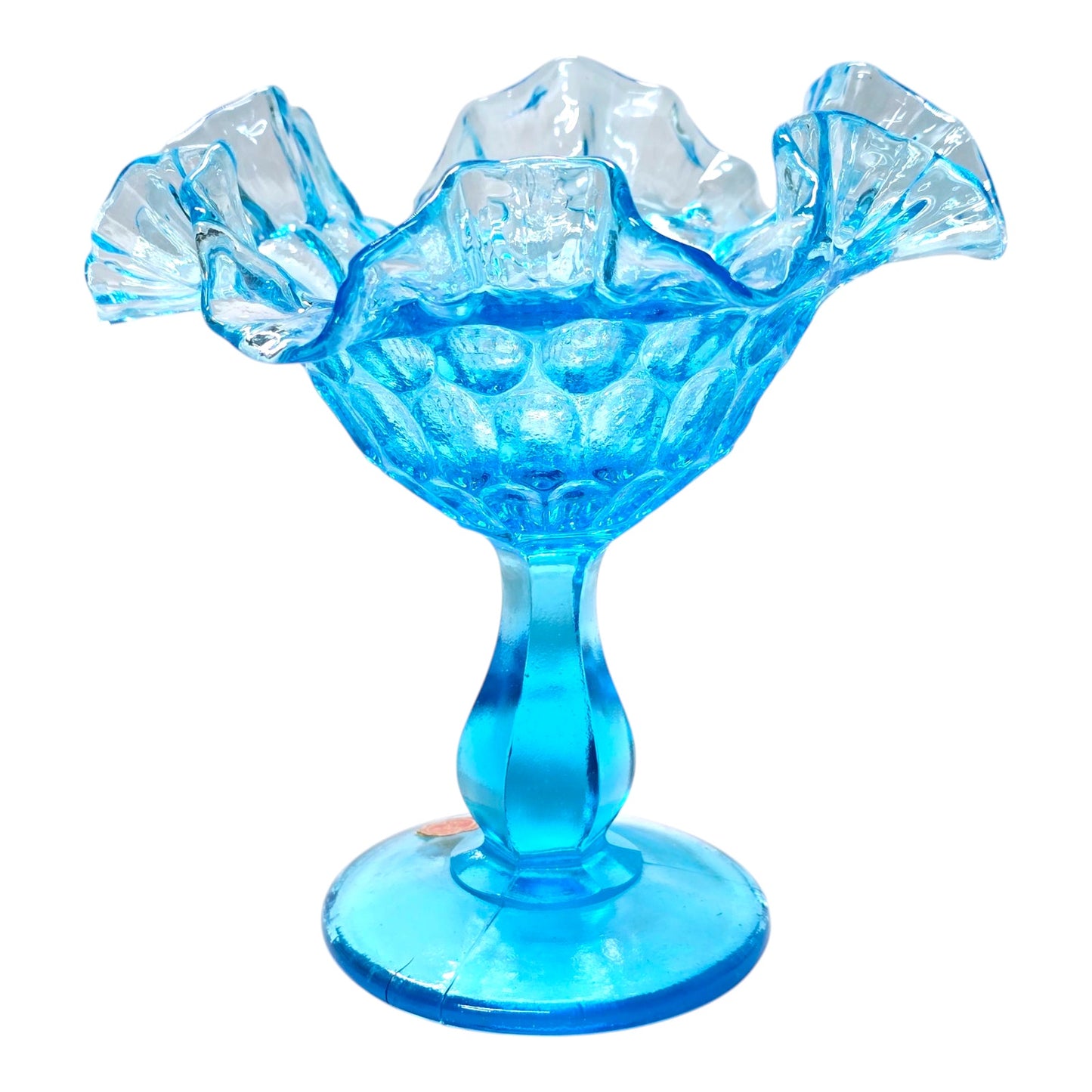AS IS Fenton Blue Ruffled Pedestal Compote Coin Dot Candy Dish Glows Manganese