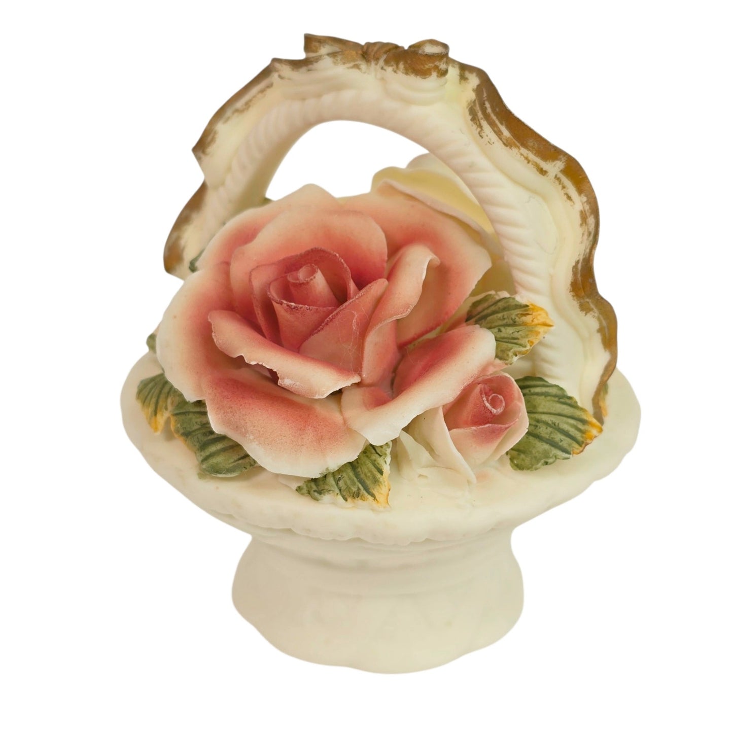 Vintage Porcelain Trinket Box Basket Pink Cream Rose Floral Lid Vanity Decor
