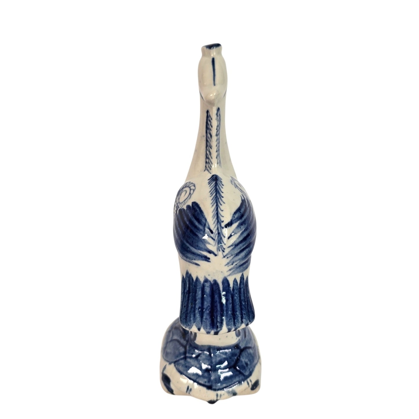 Vintage Blue & White Ceramic Crane on Turtle Figurine Asian Longevity Motif