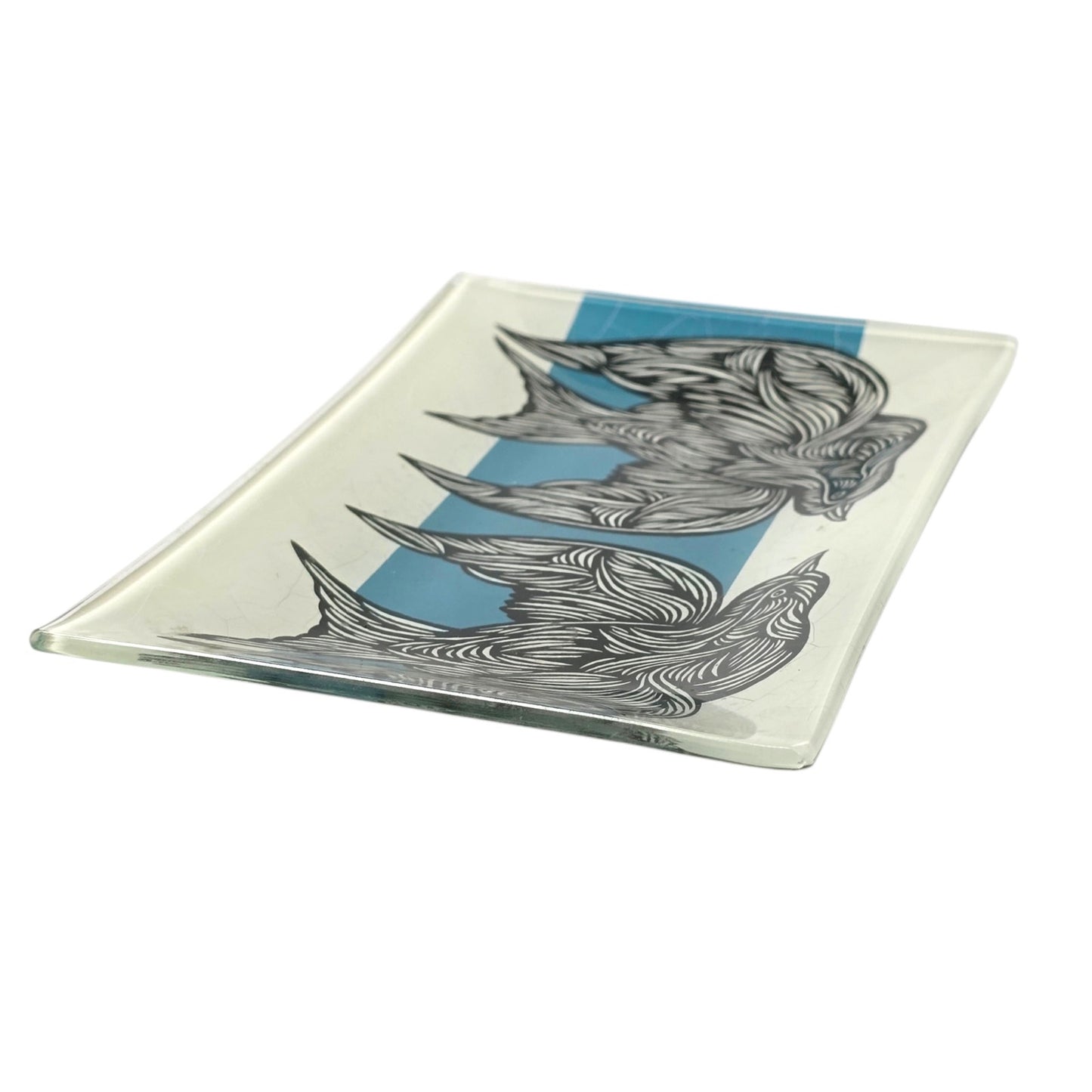 PATCH NYC x West Elm Bird Trinket Dish Reverse Painted Glass Blue White MCM READ