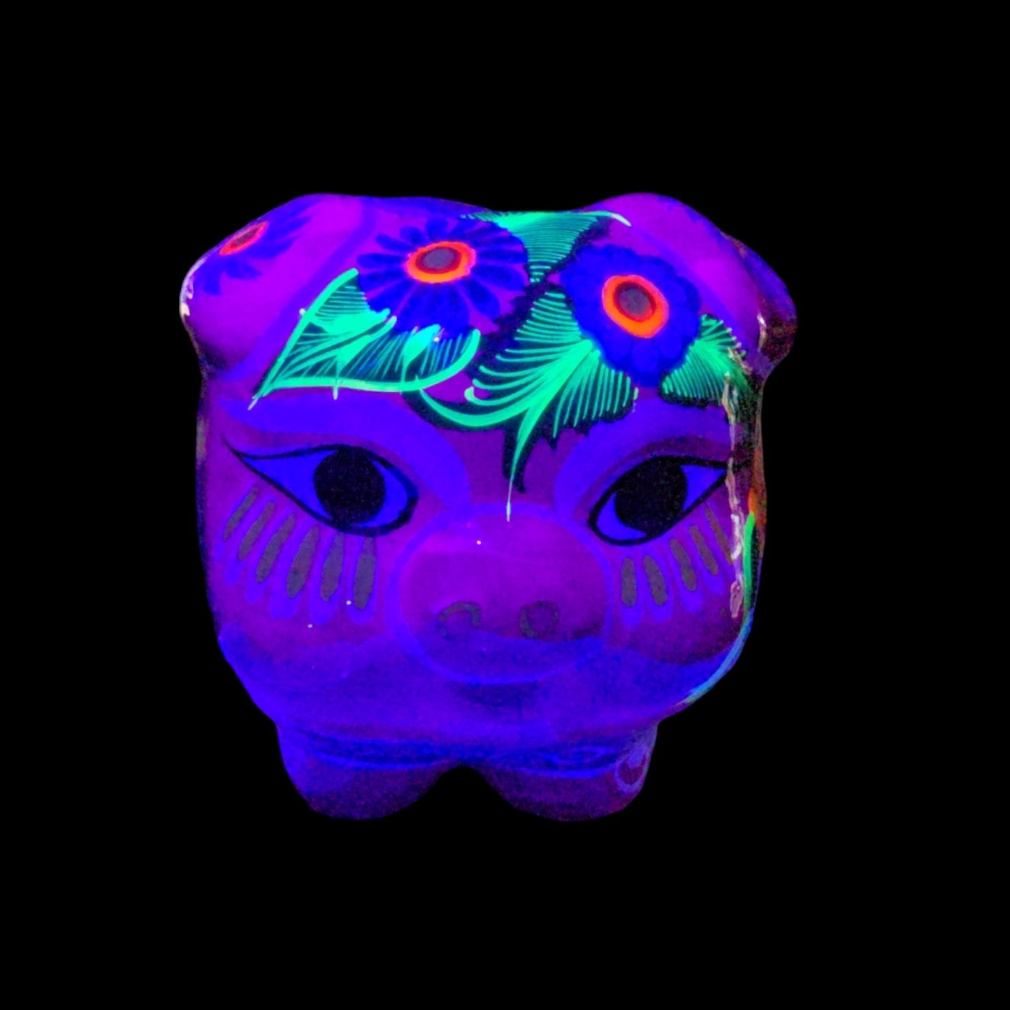 Mexican Pottery Hand-Painted Piggy Bank, Glows under Black Light