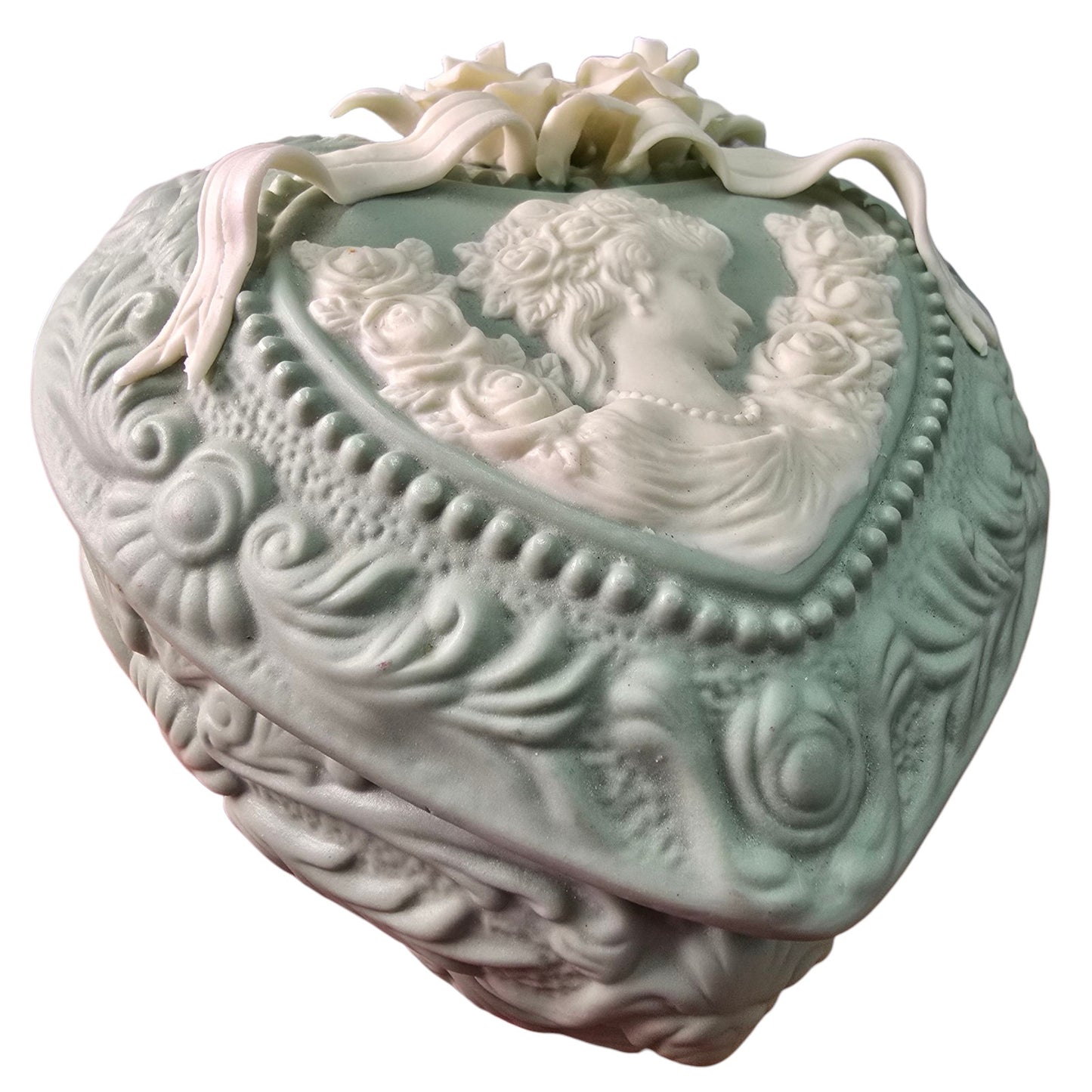 (Reserved for Customer) Large Vintage Jasperware Green Heart Shaped Dresser Box, Cameo & Floral Ribbon