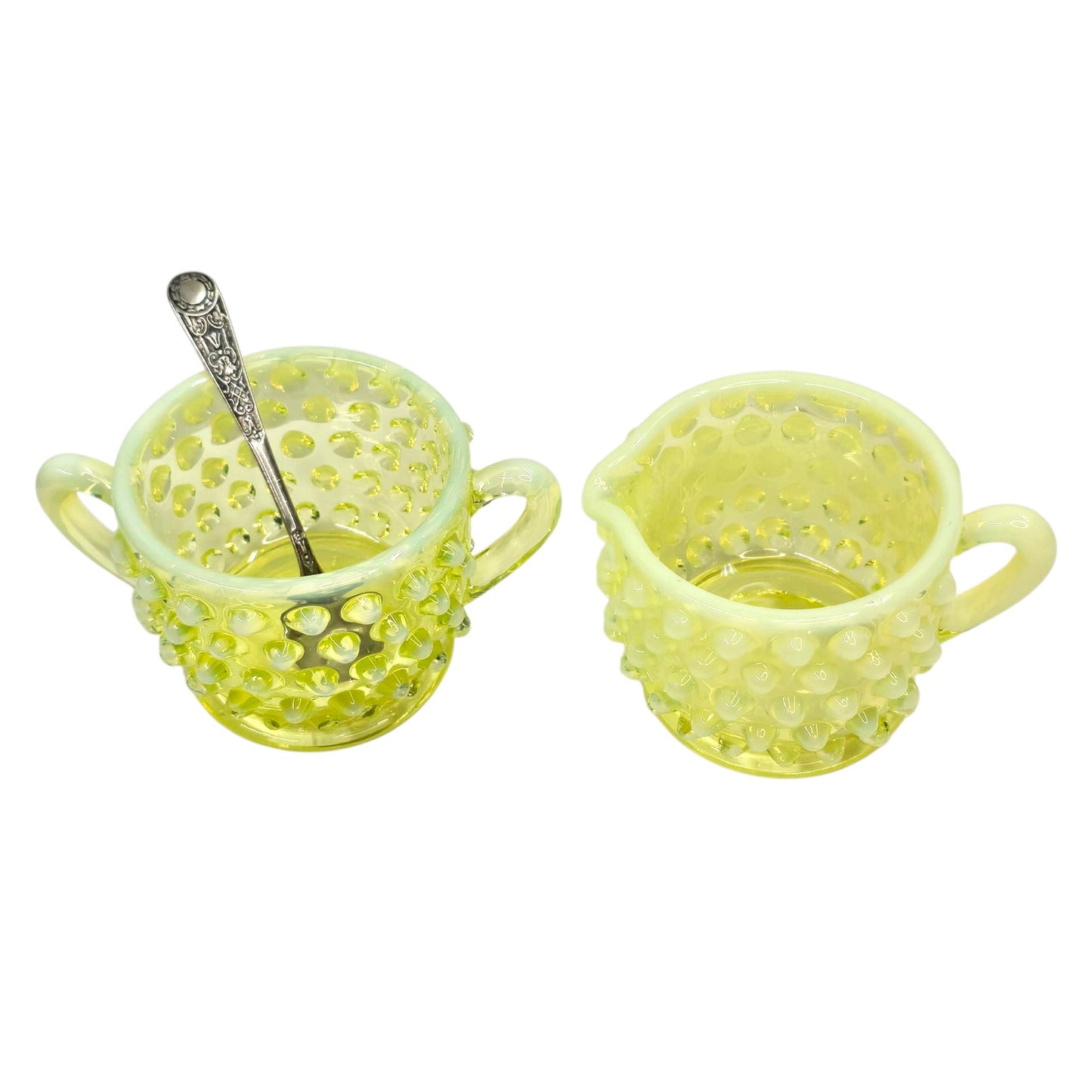 (Reserved for Customer) Fenton Vaseline Opalescent Hobnail Creamer & Sugar Set Uranium Reactive