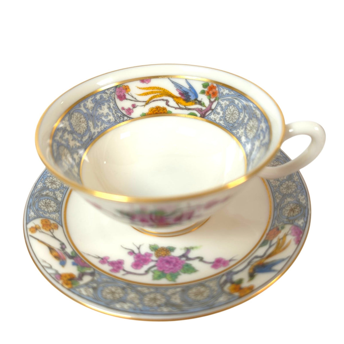 Vintage Lenox Ming P-16 Footed Teacups & Saucers Set of 2 Bird Floral Gold USA
