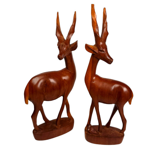 Set of 2 Vintage Hand-Carved Wooden Antelopes, Figurines African Art Kenya FLAW