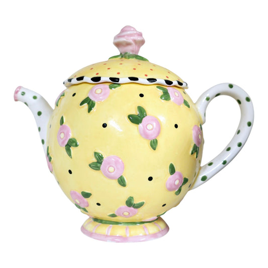 AS IS VTG 1997 ME Mary Engelbreit Ceramic Teapot, Yellow Pink Flower 8”, Flaw