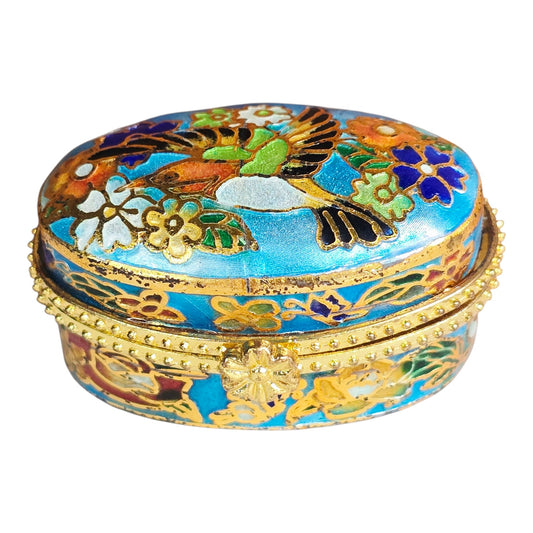 Vintage Cloisonne Trinket Box - Hummingbird & Flowers