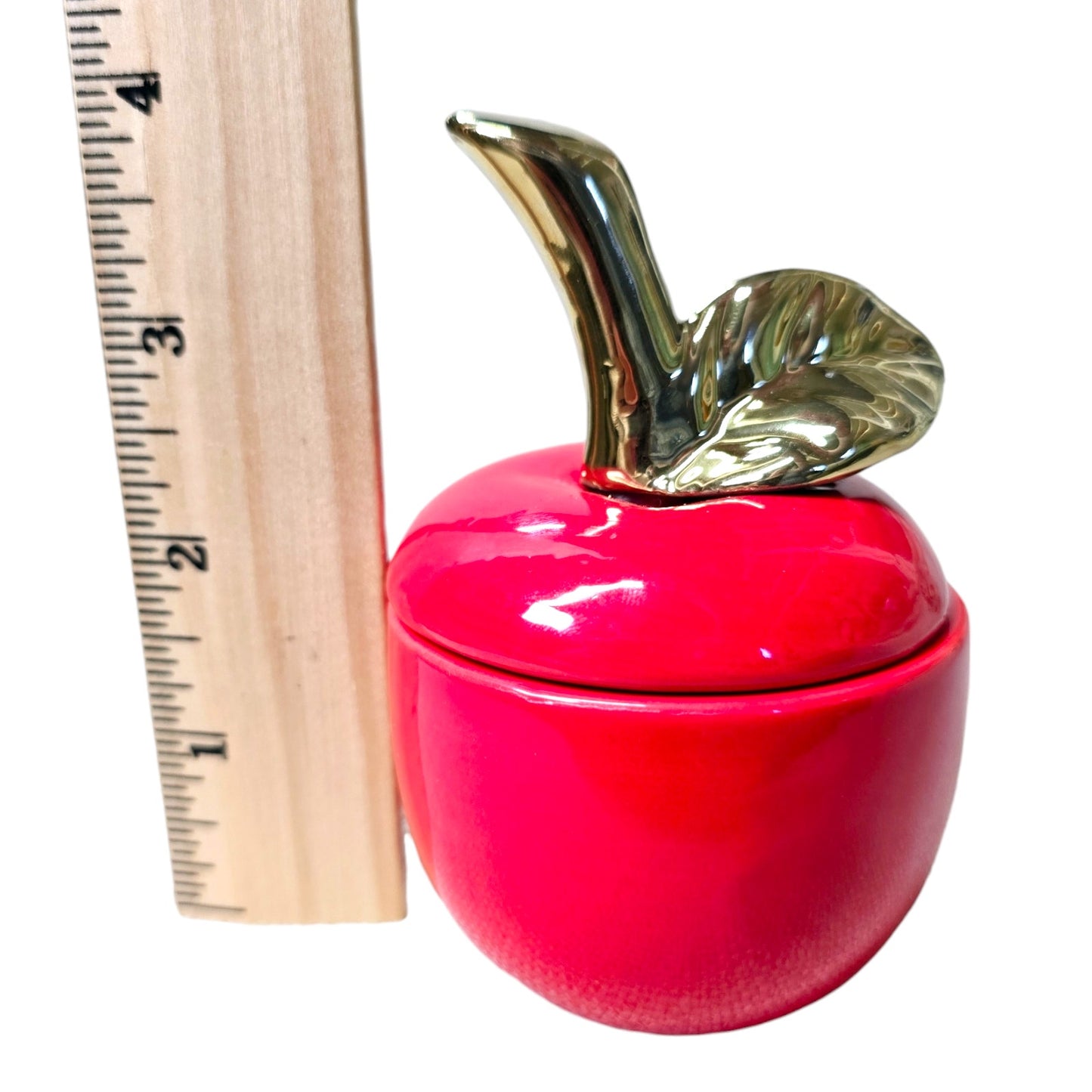 Vintage Red Apple Lidded Ceramic Trinket Box Gold Stem Leaf Glossy Farmhouse