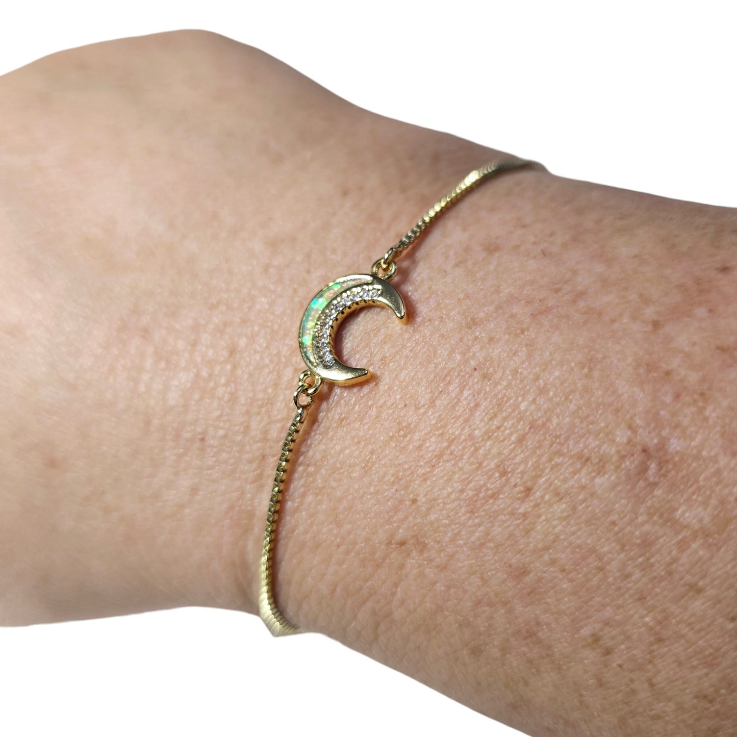 Faux Opal Rhinestone Crescent Moon Adjustable Bracelet