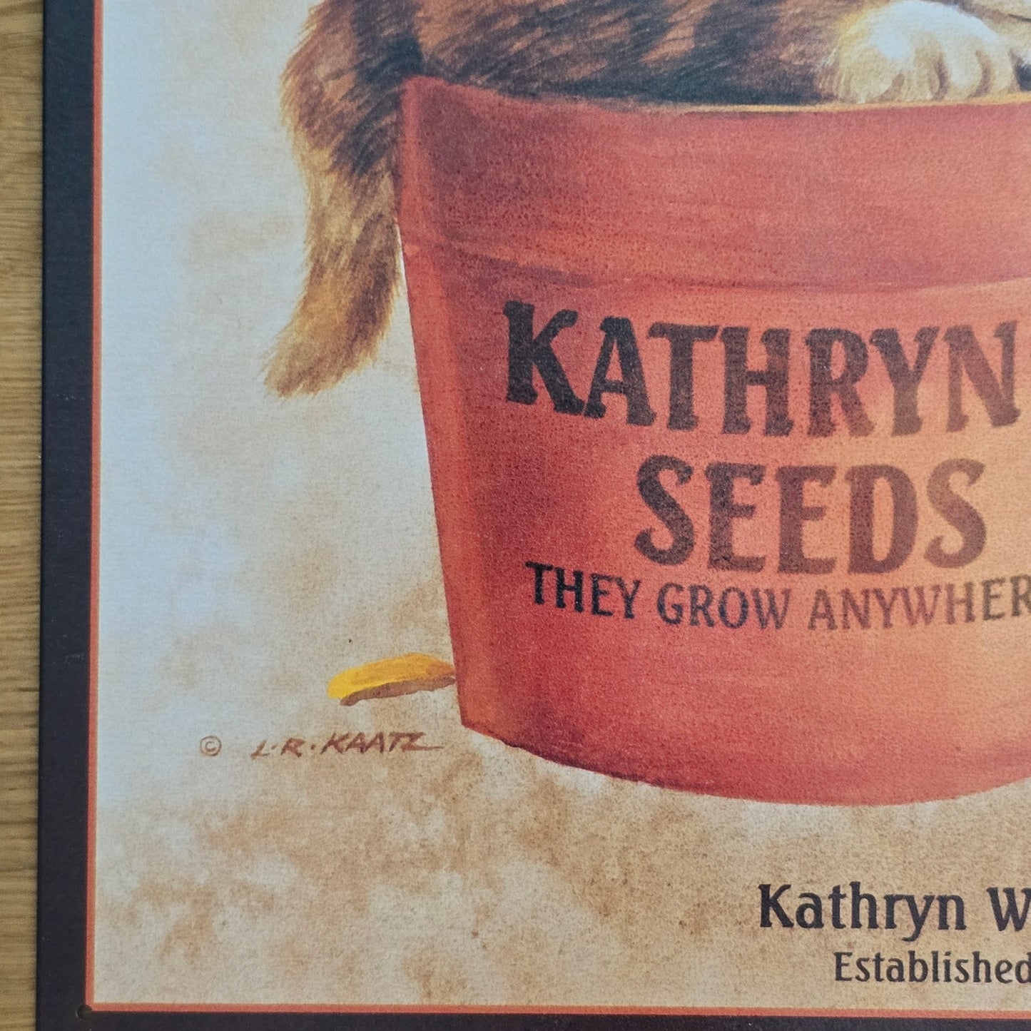 Vintage Kathryn's Seeds Kitten in Flower Pot Metal Sign Advertisement 1998 Lynn Kaatz