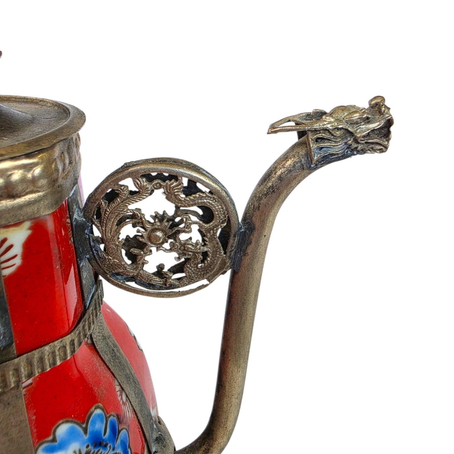 Vintage Miniature Tibetan Porcelain Teapot Metal Filigree Red Dragon Squirrel