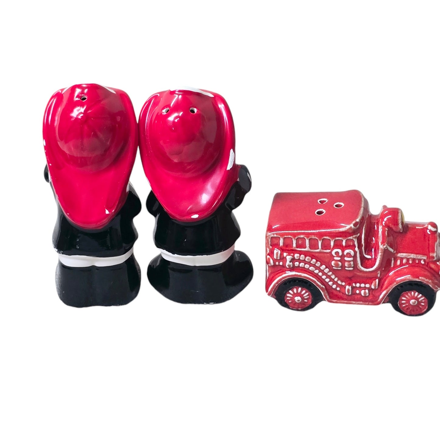 1980s Junior Fireman Children and Fire Engine Salt & Pepper 3-Pc Set Shakers