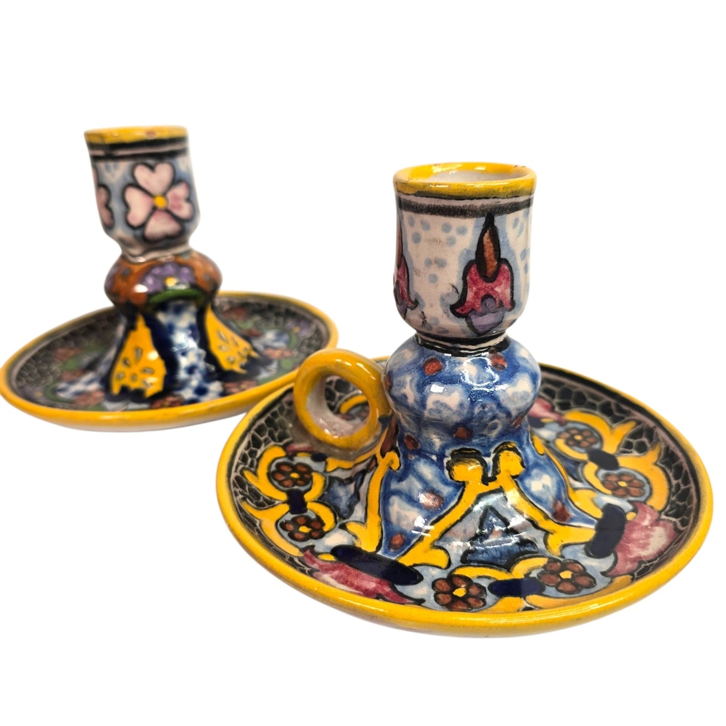 Vtg Casa Rugerio Puebla Mexico Talavera Candlesticks Pair Hand Painted Pottery
