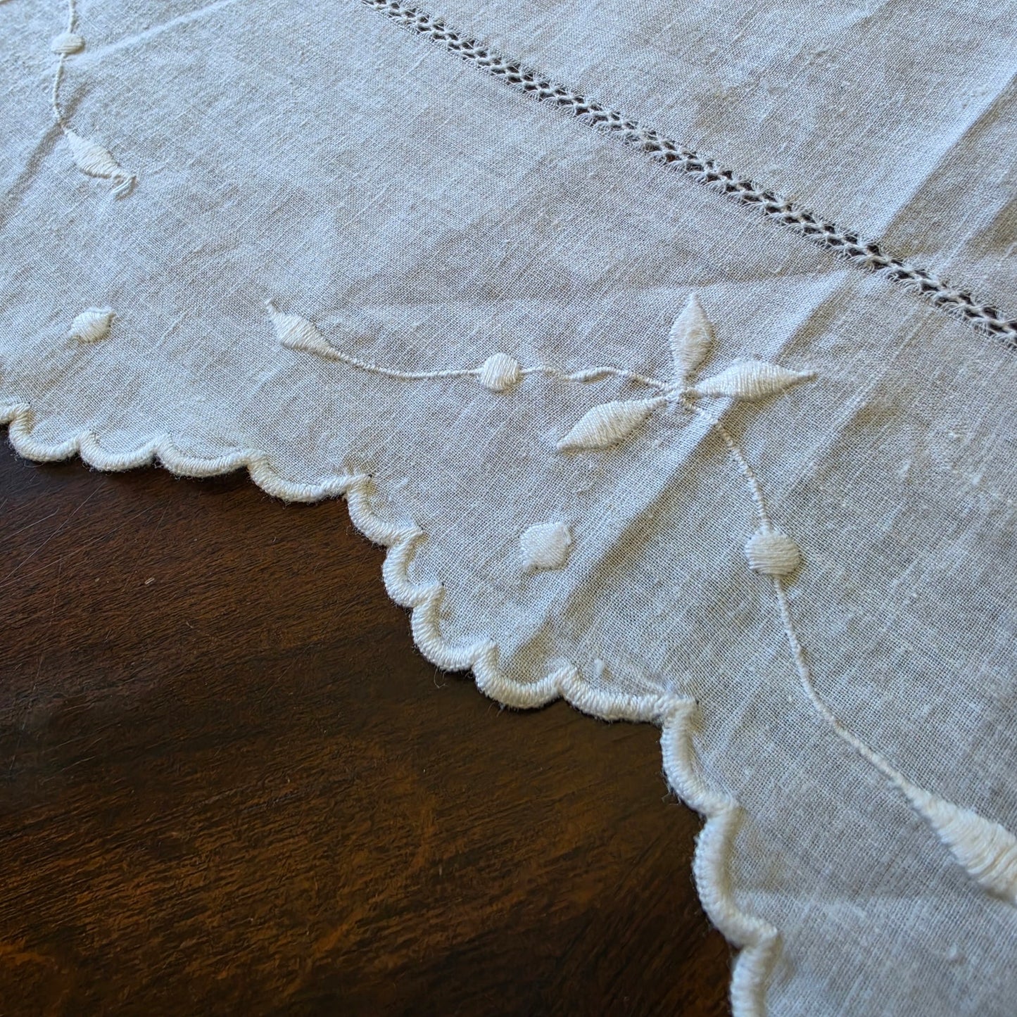 Vintage Linen Table Runner Cutwork Floral White Long Dresser Scarf 75x22