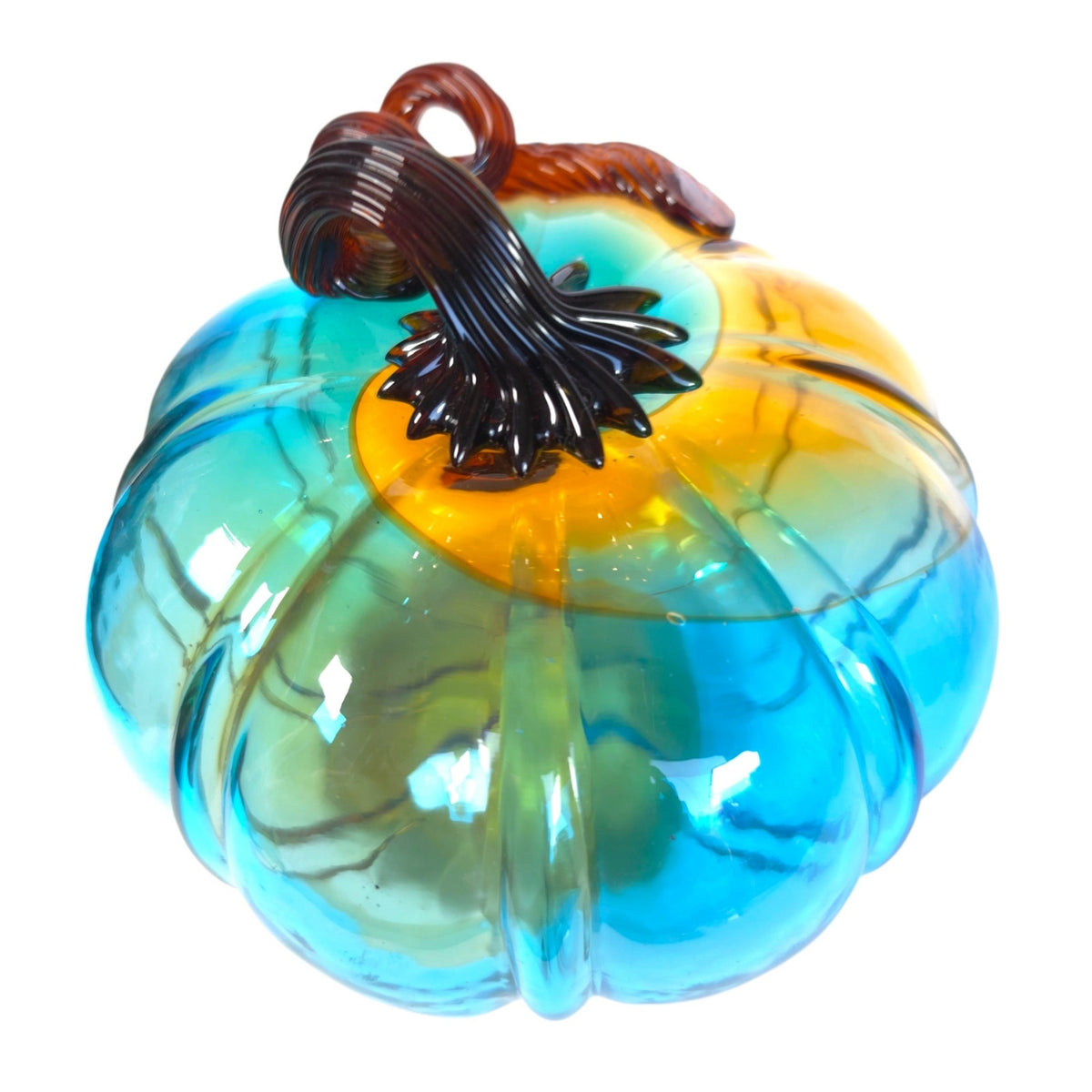 Hand Blown Art Glass Pumpkin Turquoise Blue Amber Brown Curly Stem Fall Decor