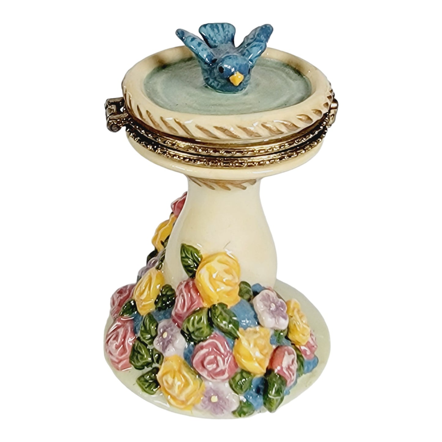 Vintage Bird Bath Trinket Box with Hinged Lid, Floral and Bluebird Design