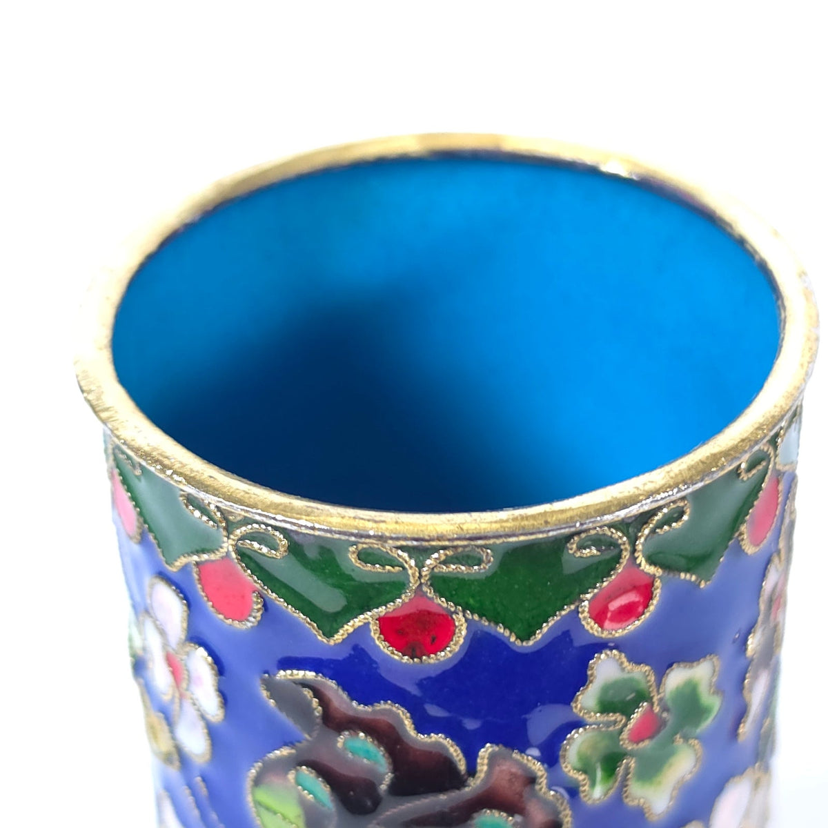 Cloisonne Enamel Pencil Brush Holder Blue Floral Butterfly Tumbler 4.25"