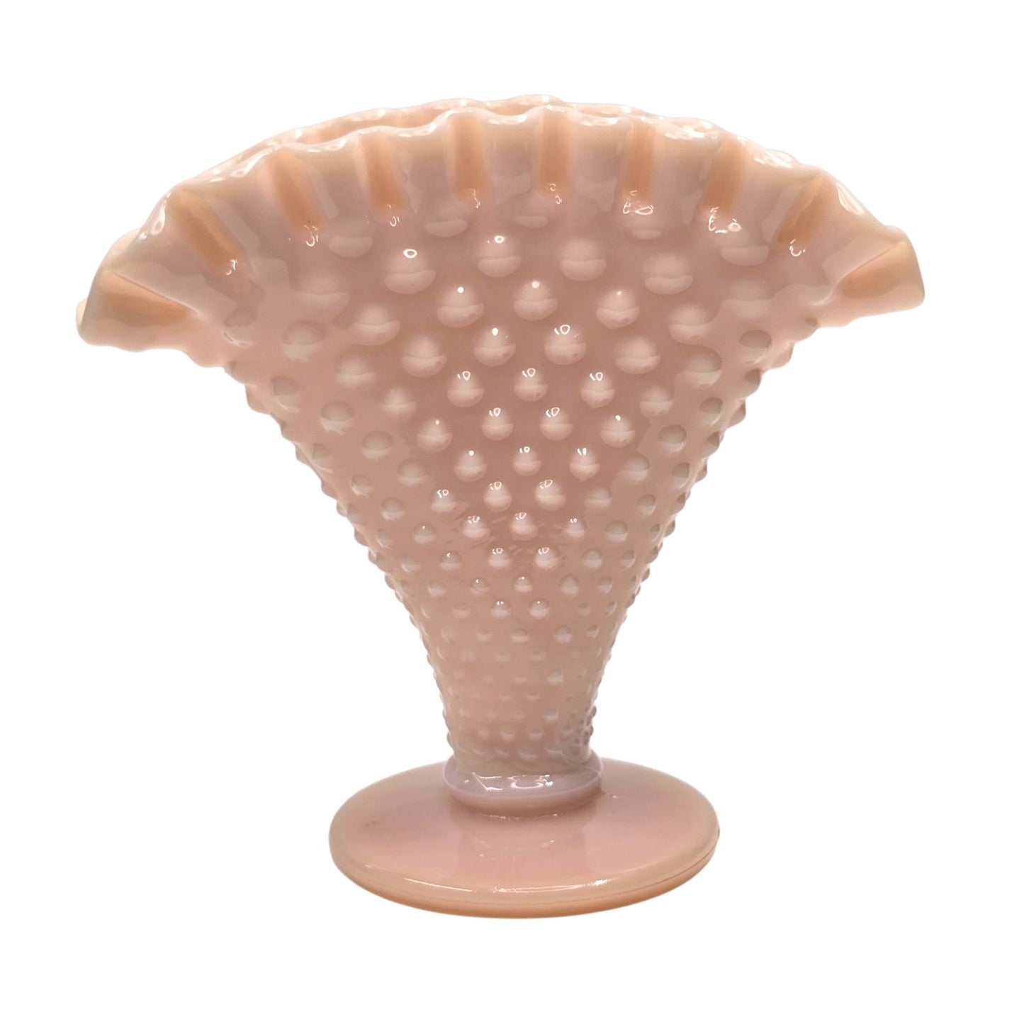 Vtg Fenton Pastel Pink Milk Glass Hobnail Fan Vase 4" Trumpet Uranium Reactived