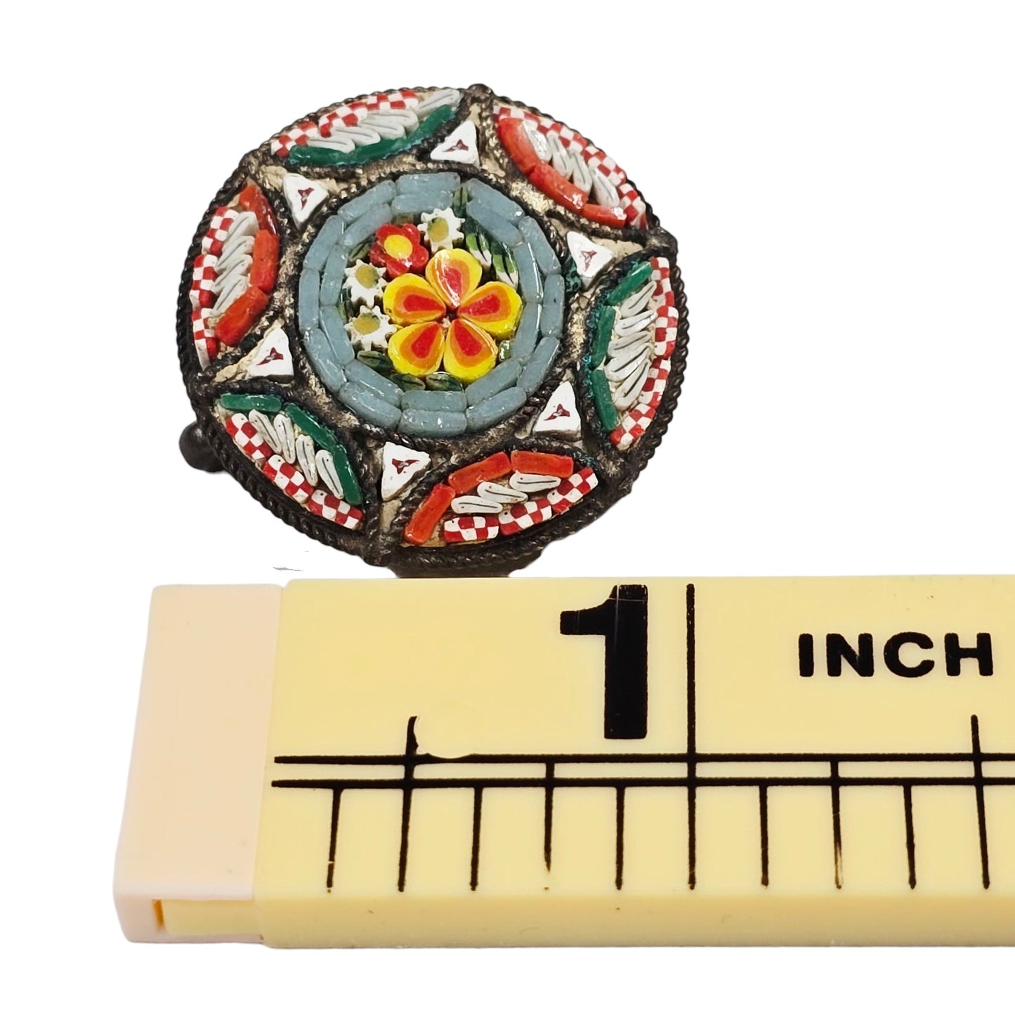 Vtg Italian Micro-Mosaic Brooch Marked Made in Italy Floral Star Red Blue Green