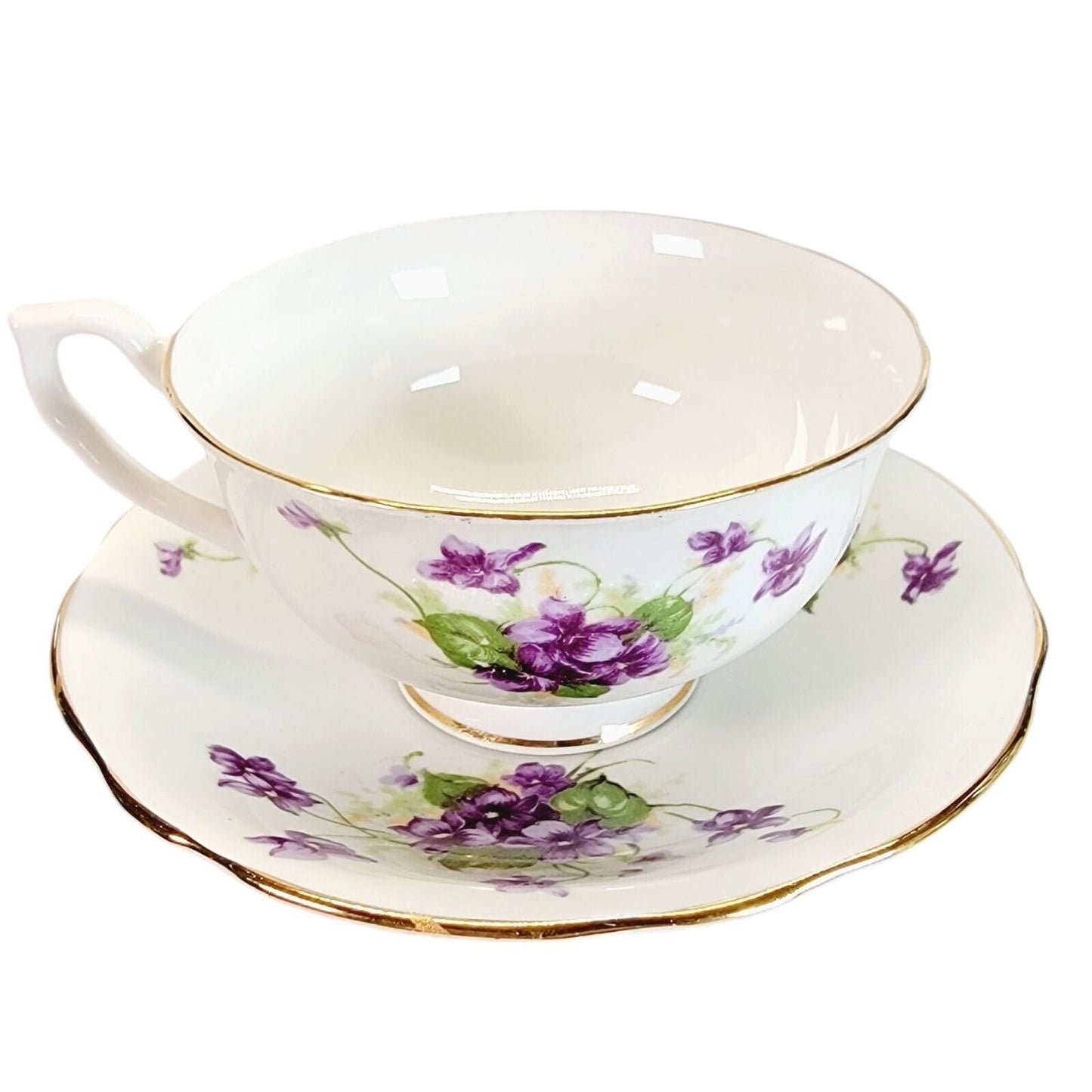 Clarence Bone China Teacup & Saucer Set Violet Floral Pattern Gold Trim Made in England